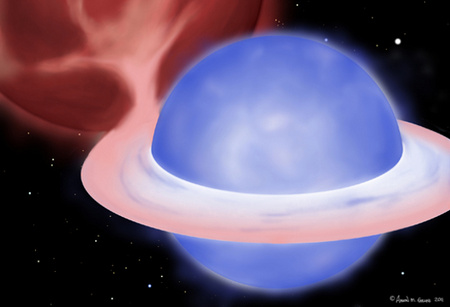 Fantáziakép egy kék vándor feltételezett kialakulásáról: a kettős rendszerben lévő kék csillag egy akkréciós korongon keresztül anyagot szív el vörös óriás társától