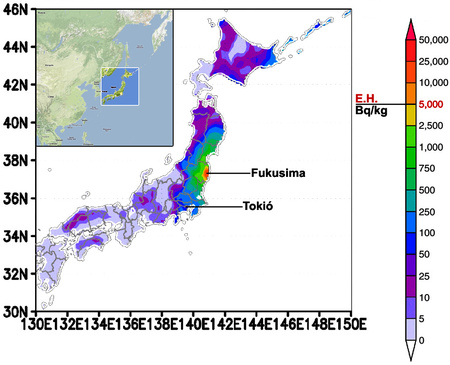 A fukusimából származó Cz-137 mért értékei (Becqerel/kilogramm). Jól látszik, hogy Fukusima közvetlen környékén jóval meghaladja az egészségügyi határértéket (E.H.)