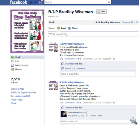 Egy Bradley Wisemant gyászoló facebook oldal