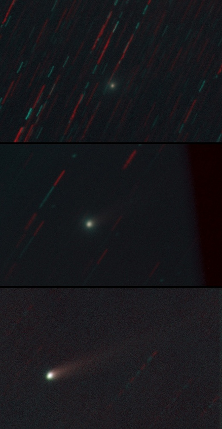 Az Argentínában felállított 28 cm-es cseh távcsővel december 6-án, 8-án és 10-én készített felvételek. A képeket V és R szűrőkkel készítették, majd az üstökös mozgásának megfelelően összeadták. Ezért a csillagok színes csíkoknak látszanak, de az üstökös jól tanulmányozható. Szépen látszik, hogy milyen sokat fényesedett, csóvája is rendkívül gyorsan fejlődött, pedig az észlelési körülmények napról napra romlottak, és a felvételek is egyre rövidebb expozícióval készültek. (J. Cerny és tsai)
