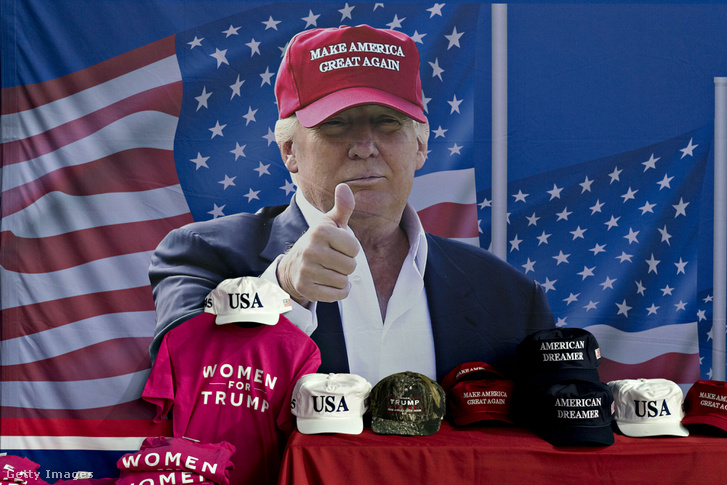 Donald Trump kampány termékek kihelyezve egy üzletben Washingtonban