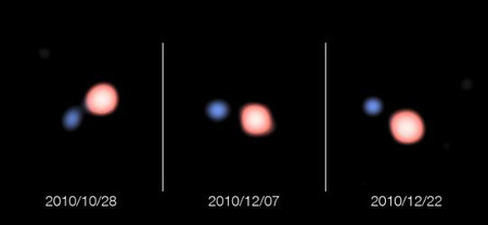 Az ESO VLTI mérései alapján rekonstruált képek az SS Leporis kettőscsillagról, melynek egyik komponense egy vörös óriás, a másik pedig egy forró csillag, ami folyamatosan anyagot szív el a kísérőjétől, de az új eredmények alapján másképpen, mint ahogyan azt a sztenderd modellek állítják. A színek nem valódiak, csupán a csillagok hőmérsékletét érzékeltetik.
