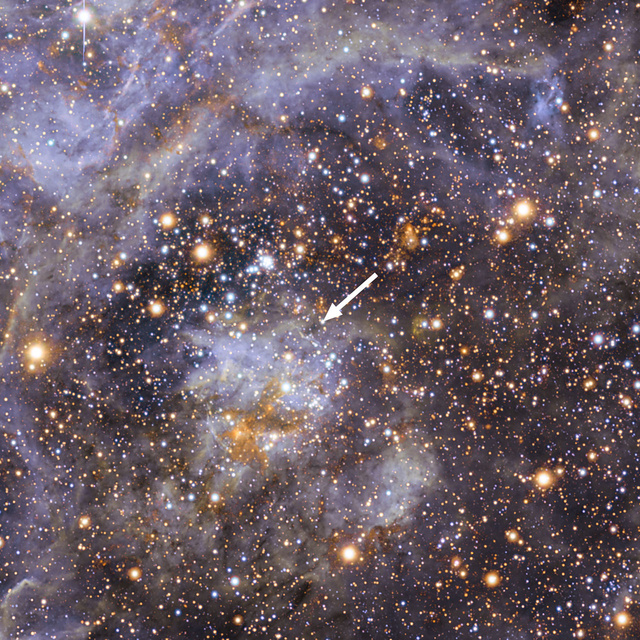 A látható és az infravörös tartományokban készült felvételek kombinálásával kapott kép a Tarantula-köd nevű csillagkeletkezési területet mutatja a Nagy Magellán-felhőben. A VFTS 102 jelű csillag középen, nyillal megjelölve látható. Az optikai felvétel a La Silla-n működő 2,2 méteres MPG/ESO teleszkóp WFI (Wide Field Imager) kamerájával készült, az infravörös pedig a Paranal csúcson nemrég üzembe helyezett 4,1 méteres VISTA felmérő távcsővel.