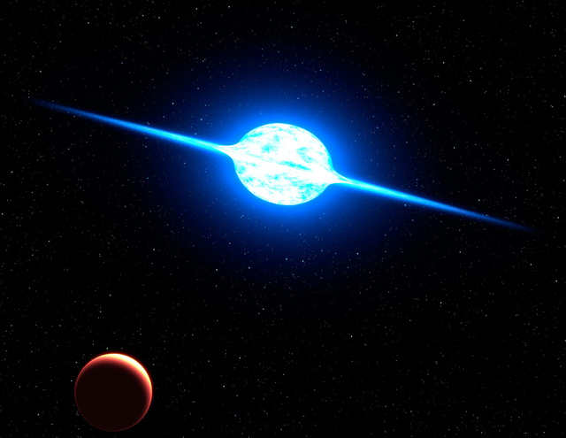Fantáziarajz a VFTS 102 jelű csillagról. A körülbelül 600 km/s-os rotációs sebesség miatt a csillag egyrészt erősen lapult, másrészt az egyenlítője mentén egy - szintén a gyors forgás miatt leszakadt - gázból álló lapos korong övezi.