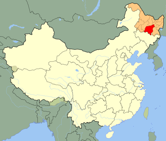 A pirossal jelölt rész Harbin, a narancs pedig Heilongjiang tartomány