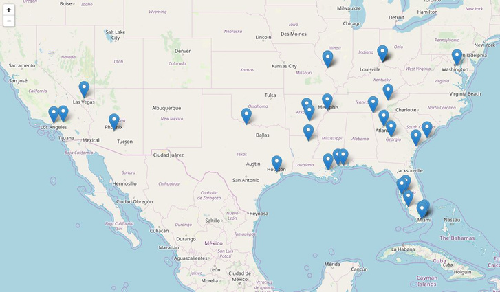 Az FBI által készített térkép azokról a helyekről, ahol Samuel Little fiatal nőket gyilkolt