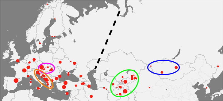 Az összehasonlított két európai (narancs és lila), illetve két ázsiai (zöld és kék) populáció gyűjtési helyei