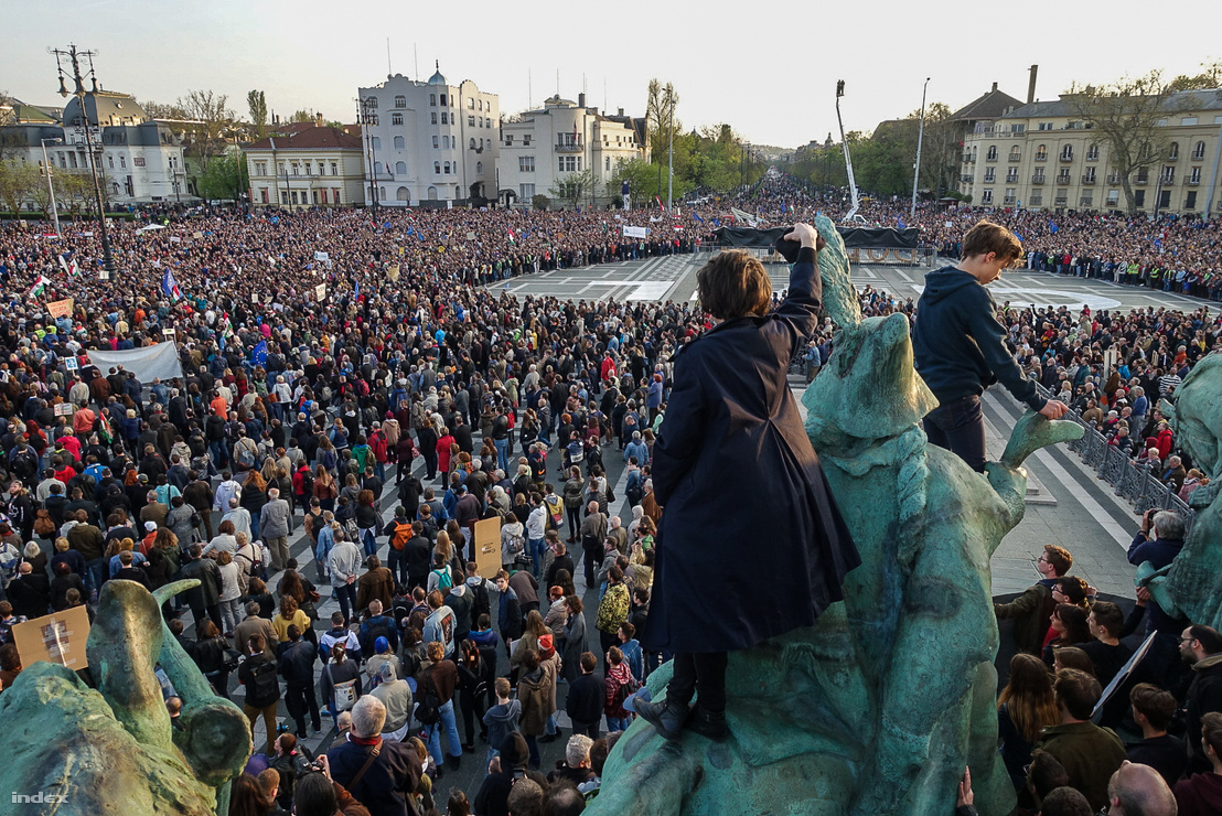 Thousands protesting the bill against NGOs on Heroes square in Budapest on 12 April 2017