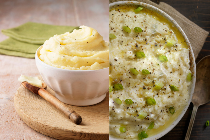 A bal oldalon tejes-vajas krumplipüré látható, a jobb oldalon a mennyiség nem változott, azonban a fele krumpli helyett puhára főzött karfiol került a masszába. Összesen majdnem 180 kalóriával lett kevesebb a végeredmény.