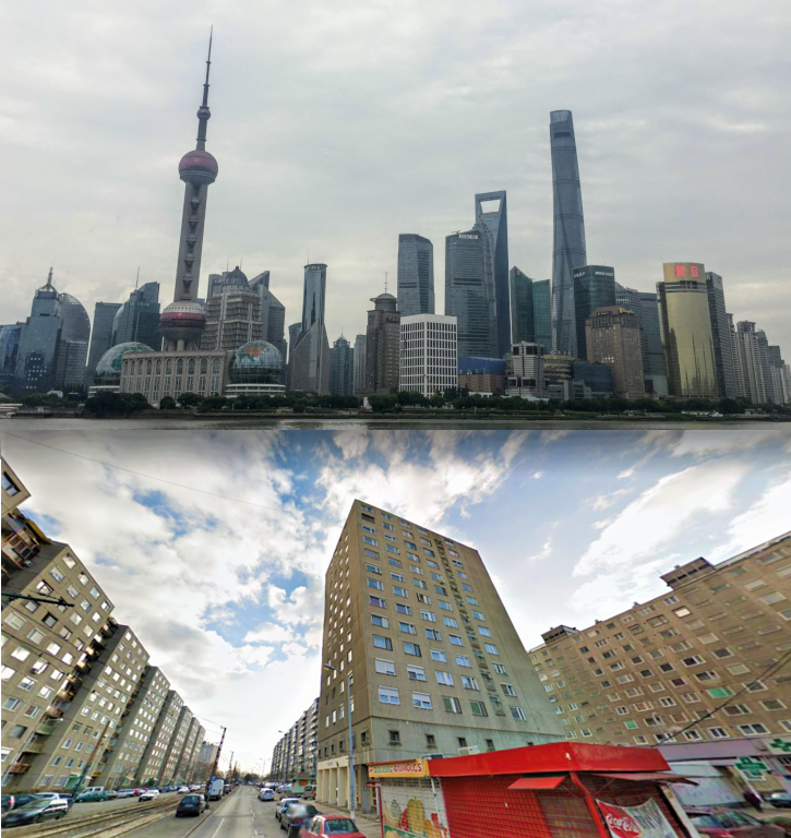 Fent Pudong, a sanghaji felhőkarcolónegyed, lent a Zsókavár utcai lakótelep.