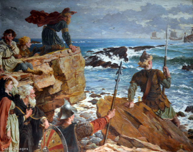 Az angliai partokon harcosok nézik a közeledő vikingeket Herbert Alfred Bone festményén