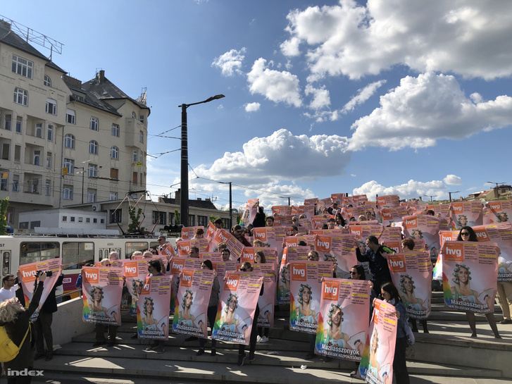 HVG staff members holding the rejected posters at a flashmob on Széll Kálmán square in Budapest on 18 April 2019.