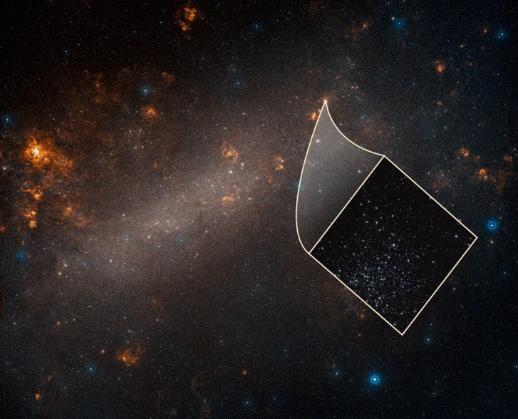 Földi teleszkópról készített kép a Nagy Magellán-felhőről. A beillesztett képet a Hubble űrtávcső készítette, amin egy a több szétszóródott törpegalaxisból látható.