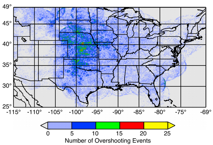 Az Egyesült Államok felett érzékelt, a sztratoszférába hatoló magasságú viharfelhők 10 év alatt (a sárga és a piros jelenti a gyakori észlelést)