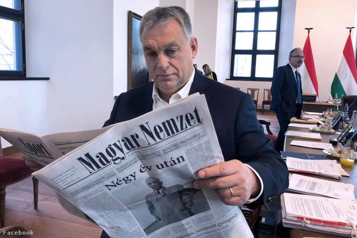 Viktor Orbán reading the first issue of the propaganda reboot of previously defunct Magyar Nemzet