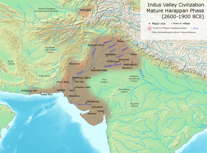 A Harappa-civilizáció kiterjedése az időszámításunk előtti 2600-tól 1900-ig tartó időszakban