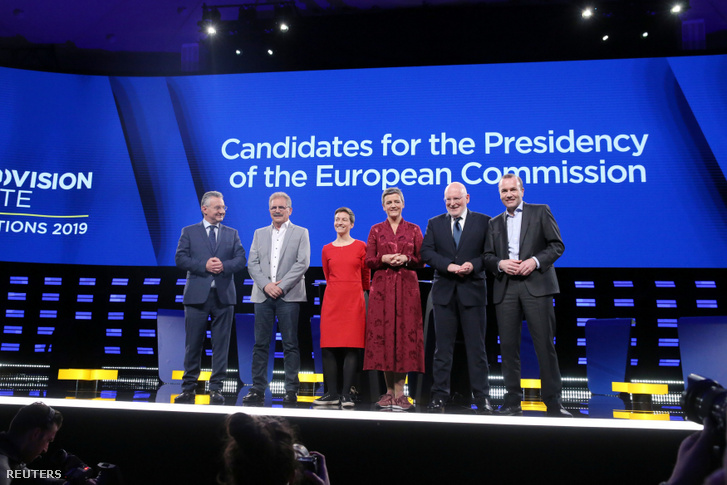 Május 15-én vitafórumot rendeztek Brüsszelben. A képen balról jobbra: Jan Zahradil (ACRE), Nico Cue (EL), Ska Keller (EGP), Margrethe Vestager (ALDE), Frans Timmermans (PES) és Manfred Weber (EPP)