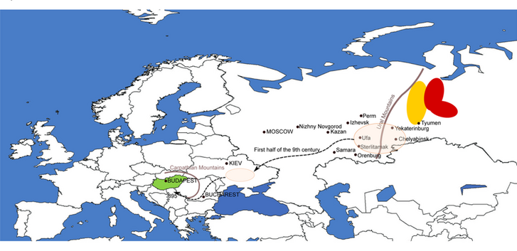 Kelet-Eurázsia térképén a korai magyarok vándorlási útvonala látható régészeti adatok alapján. Magyarország zölddel, míg a manysi és hanti területek sárgával és pirossal ábrázoltak. A halvány rózsaszín területeken találták régészeti nyomait magyarok őseinek.