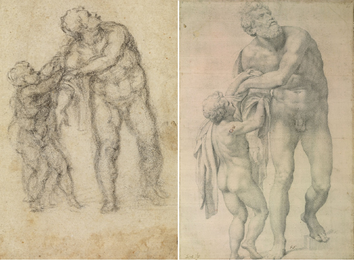 Michelangelo skicce és Daniela da Volterra alaposan kidolgozott, nagyszerű rajza Aeneasról és a kisfiúról. Ki a zseni? (A valóságban a skicc sokkal kisebb, mint a kidolgozott rajz, csak az összehasonlítás kedvéért húztuk őket azonos nagyságúra.)