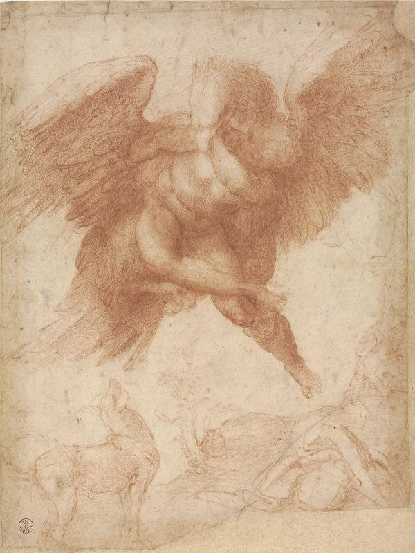 Michelangelo rajza Ganümédész elrablásáról. Az egyértelműen homoerotikus tartalmú ókori mítoszt megjelenítő rajzot Tommaso dei Cavalieri, a szonettek címzettje kapta ajándékba más hasonló művekkel együtt. Az eredeti elveszett, a kiállításon egy 1528-30 körül készült korai vöröskréta másolat látható.