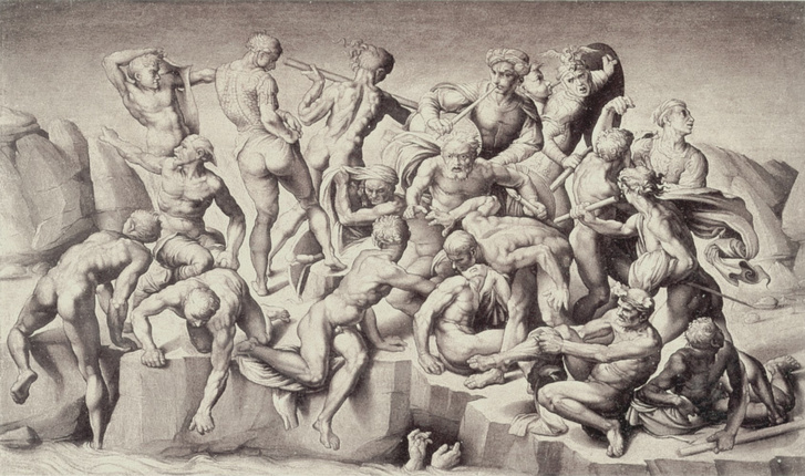 Michelangelo a hazafias megbízást egy olyan kartonnal teljesítette, ami meztelen tobzódást ábrázolt. Bastiano da Sangallo másolata az elveszett kartonról.