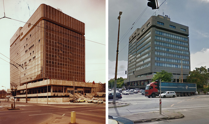A Metalimpex-Konsumex közös székháza építésekor (bal oldalt; 1977 körül) és Hermina Towersként napjainkban (jobb oldalt, 2016)