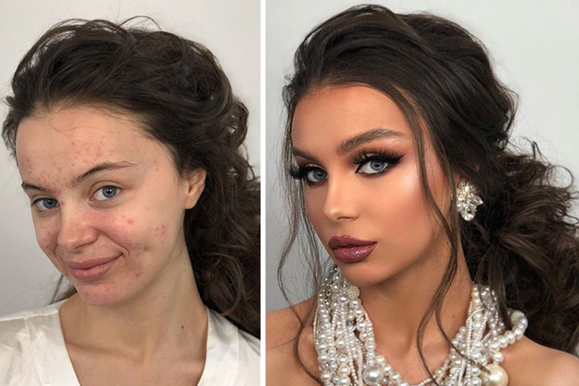 A sminkmester megörökítette a natúr arcot és a make-up utáni eredményt is, a különbség pedig szinte hihetetlen.