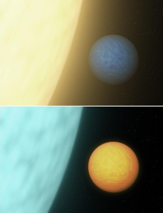 Míg látható fényben (fent) a központi csillag fényessége nem teszi lehetővé a közeli bolygó közvetlen detektálását, az infravörös tartományban (lent) a bolygóról érkező sugárzás már összemérhető a csillagéval, így előbbi is kimutathatóvá válik (a NASA/JPL-Caltech illusztrációja).