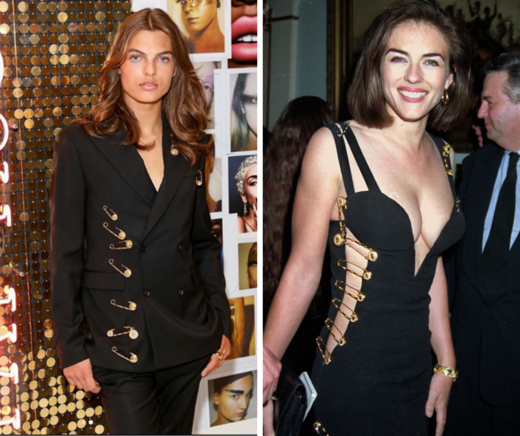 Damian Hurley in 2019 and his mother in 1994. They both wear Versace.