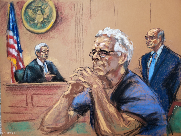 Bírósági rajzoló rajza az ügye egyik bírósági meghallgatásán ülő Epsteinről.