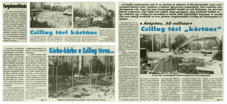 Nyilas Péter írásában a Délmagyarország és Szegedi Tükör című lapokban 1995-ben megjelent újságcikkei a szegedi Csillag téri forgalmi változásról és körforgalomról. (A képre kattintva nagyobb méretben is megtekintheti.)