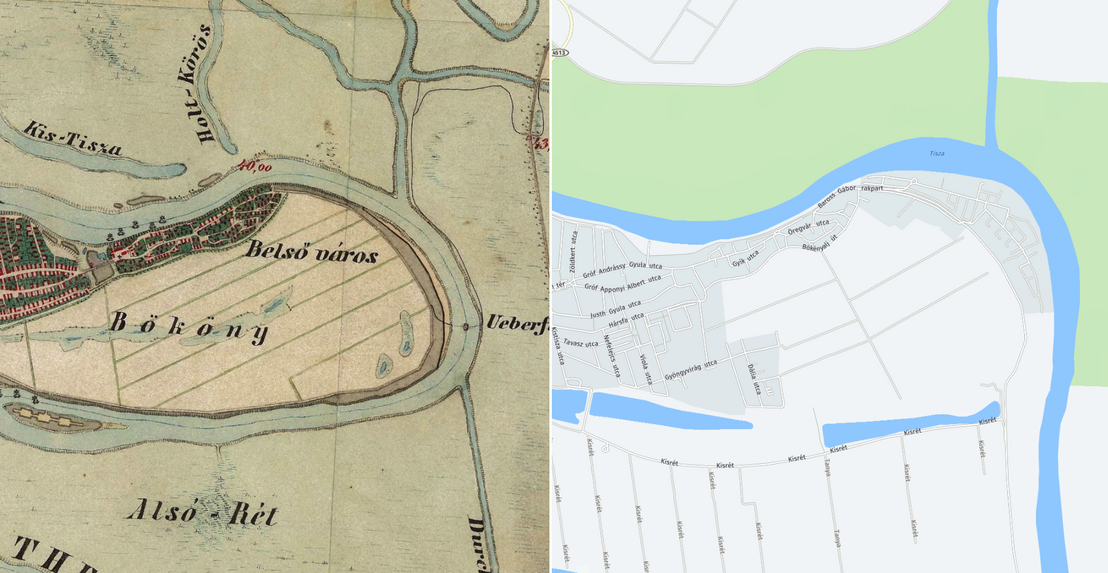 Csongrád félszigete a II. katonai felmérésen (1819–1869) és napjainkban. A Belváros a kiemelkedő hátra települt, a nedves részekre később se építettek házakat. A Bököny nevű terület még a 19. században is részben vízzel volt borítva. A folyókanyarulat alsó és felső ívén is jelölték a hajómalmokat