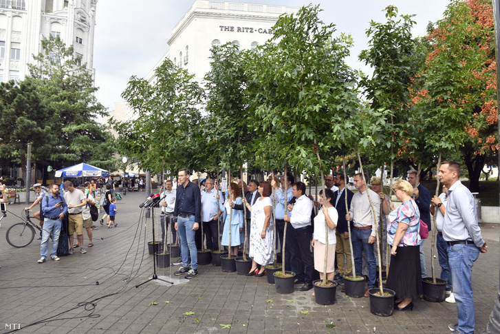 Gergely Karácsony, the opposition's joint mayor candidate for Budapest speaking at a press conference on Deák square in downtown Budapest accompanied by district candidates on 25 August 2019.