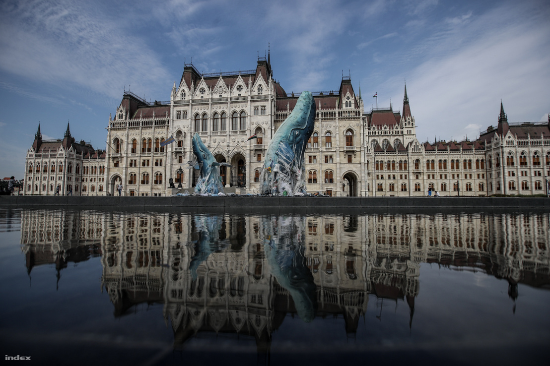 Life-sized whales made of garbage collected on the shores of Italy. Greenpeace erected the installation in front of the Hungarian Parliament in Budapest on 9 July 2019 to raise awareness of the global problem caused by plastic waste.