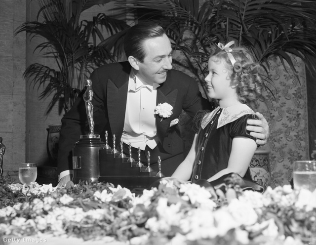 Walt Disney a hét kis törpeszoborral körülvéve a kislány Shirley Temple-lel beszélget