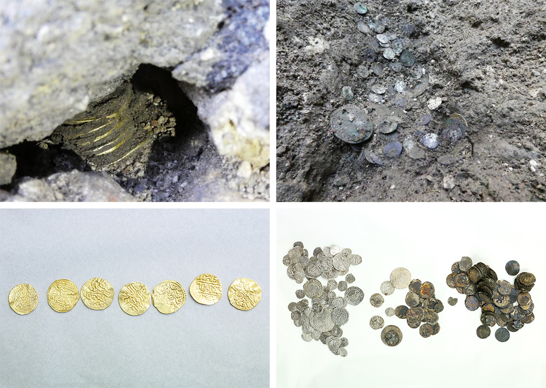 A kincslelet érméi a megtalálás helyén és később megtisztítva (Fotó: BTM és Kovács Olivér)