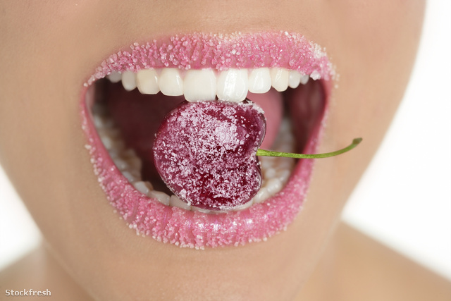 stockfresh 318268 cherry-with-sugar-in-woman-teeth-mouth sizeM