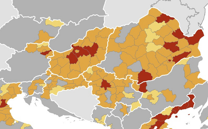 Distribution of West Nile virus infections in humans in our region (red areas: the latest cases reported this year, yellow area: latest cases reported last year)