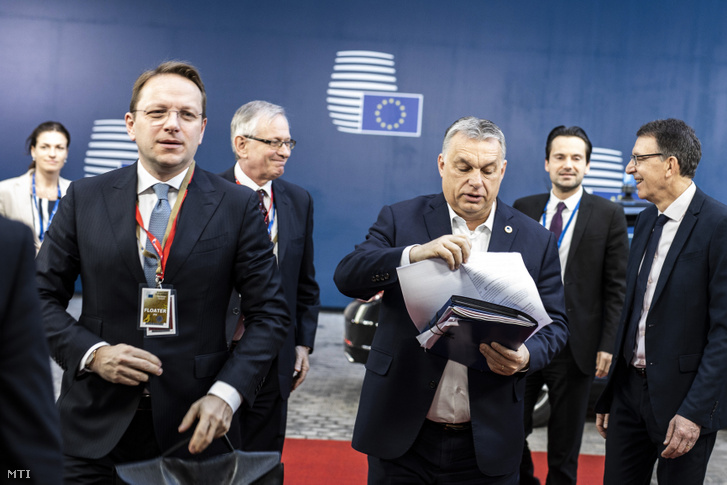 Olivér Várhelyi (right), the new Hungarian nominee for the European Commission, and Viktor Orbán (left) the Hungarian Prime Minister arrives for an EU Summit at European Council March 22, 2019. in Brussels