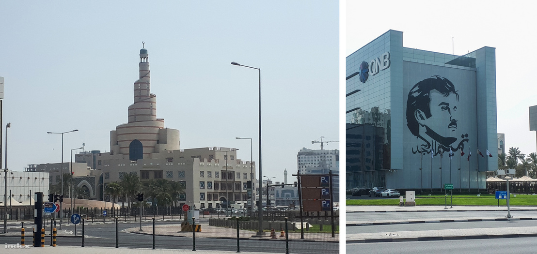 Az iszlám kulturális centrum modern épülete (balra). - Az emír képe mindenhol visszaköszön Dohában (jobbra)
