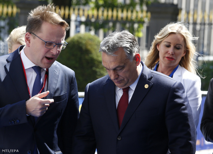 Ambassador Olivér Várhelyi, permanent representative to the European Union (left), and Prime Minister Viktor Orbán arrive at the conference of the leaders of the European People's Party in Brussels on 28th June 2018.