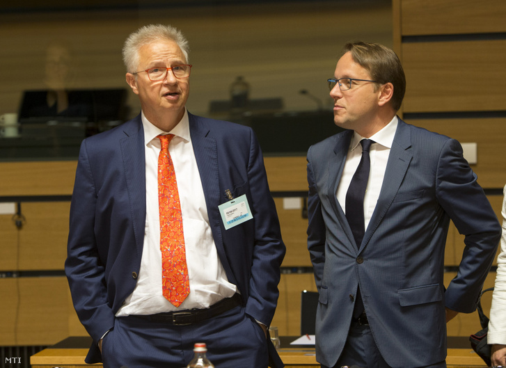 On this picture, made available by the European Council, are Minister of Justice László Trócsányi and Olivér Várhelyi Permanent Representative at the Justice and Home Affairs Council's meeting in Luxemburg, 8th June 2017.