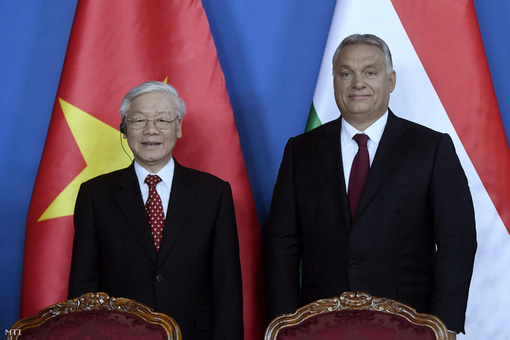 Orbán Viktor miniszterelnök (j) és Nguyen Phu Trong, a Vietnami Kommunista Párt főtitkára tárgyalásuk után a Parlamentben 2018. szeptember 10-én