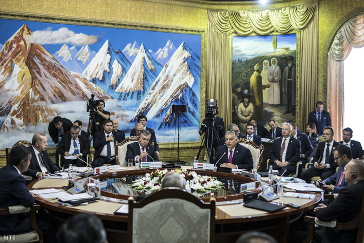 Viktor Orbán at the VI. meeting of the turkic-speaking countries in Kirgisistan on 3 September 2018 with Recep Tayyip Erdogan Turkish and Savkat Mirzijojev Uzbek presidents.