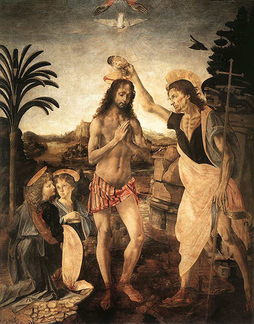 Andrea del Verrocchio műhelyében, még tanoncként dolgozott mesterével közösen a Krisztus megkeresztelése című képen, mely, ha középen tükrözzük, valami váratlant rejt magában.