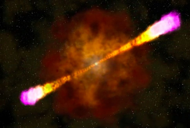 A gamma-sugárkitörésének illusztrációja, amely néhány másodperc alatt annyi energiát bocsáthat ki, mint a nap a teljes élettartama alatt