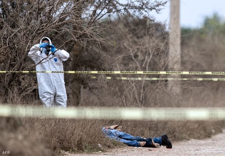 Gyilkossági helyszínelő a mexikói Nuevo León közelében, ahol négy embert gyilkoltak meg 2019. február 19-én