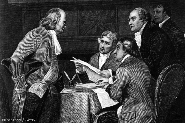 Benjamin Franklin (balra), Thomas Jefferson, John Adams, Roger Sherman és Robert Livingstone a függetlenségi nyilatkozat fogalmazása közben
