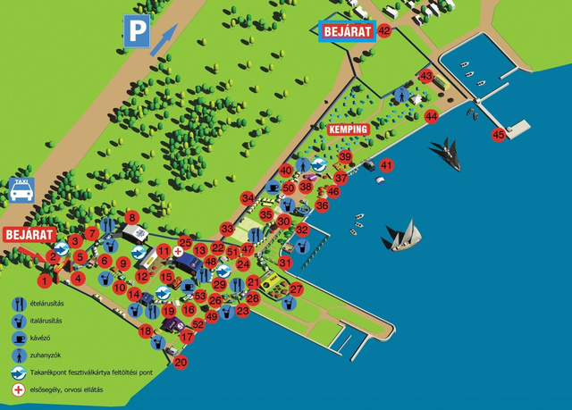 A sajtó és VIP bejárat (kék) és a fesztiválozók bejárata (piros) között közel 1 km a távolság