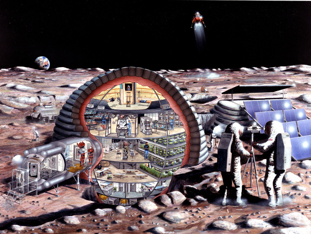 1989-es elképzelés egy majdani holdkolóniáról. A bal alsó sarokban látható az összekoszolódott szkafander levételéhez szükséges zsilipkamra.